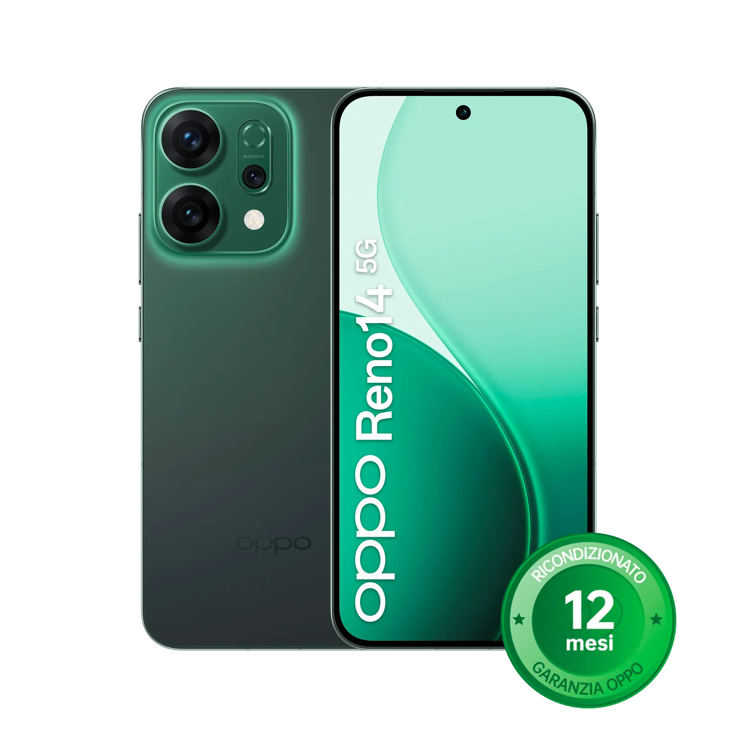 Vista frontale OPPO Reno14 5G Luminous Green