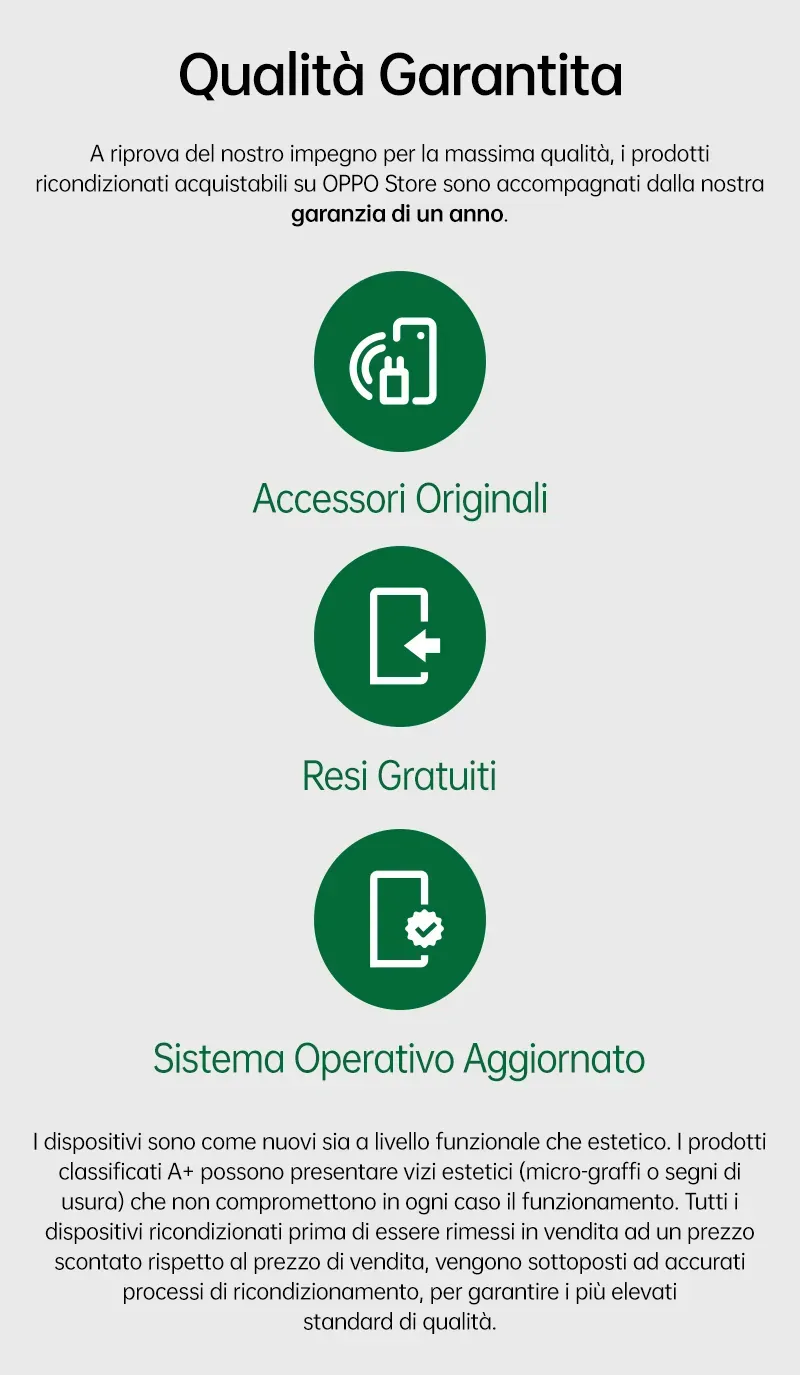 OPPO Ricondizionati, Qualità garantita: garanzia di un anno, accessori originali, resi gratuiti, sistema operativo aggiornato